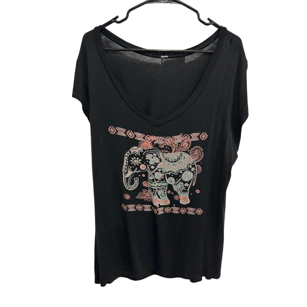 Womens Black Elephant Graphic Rhinestone Accents V-Neck T-Shirt Casual Boho